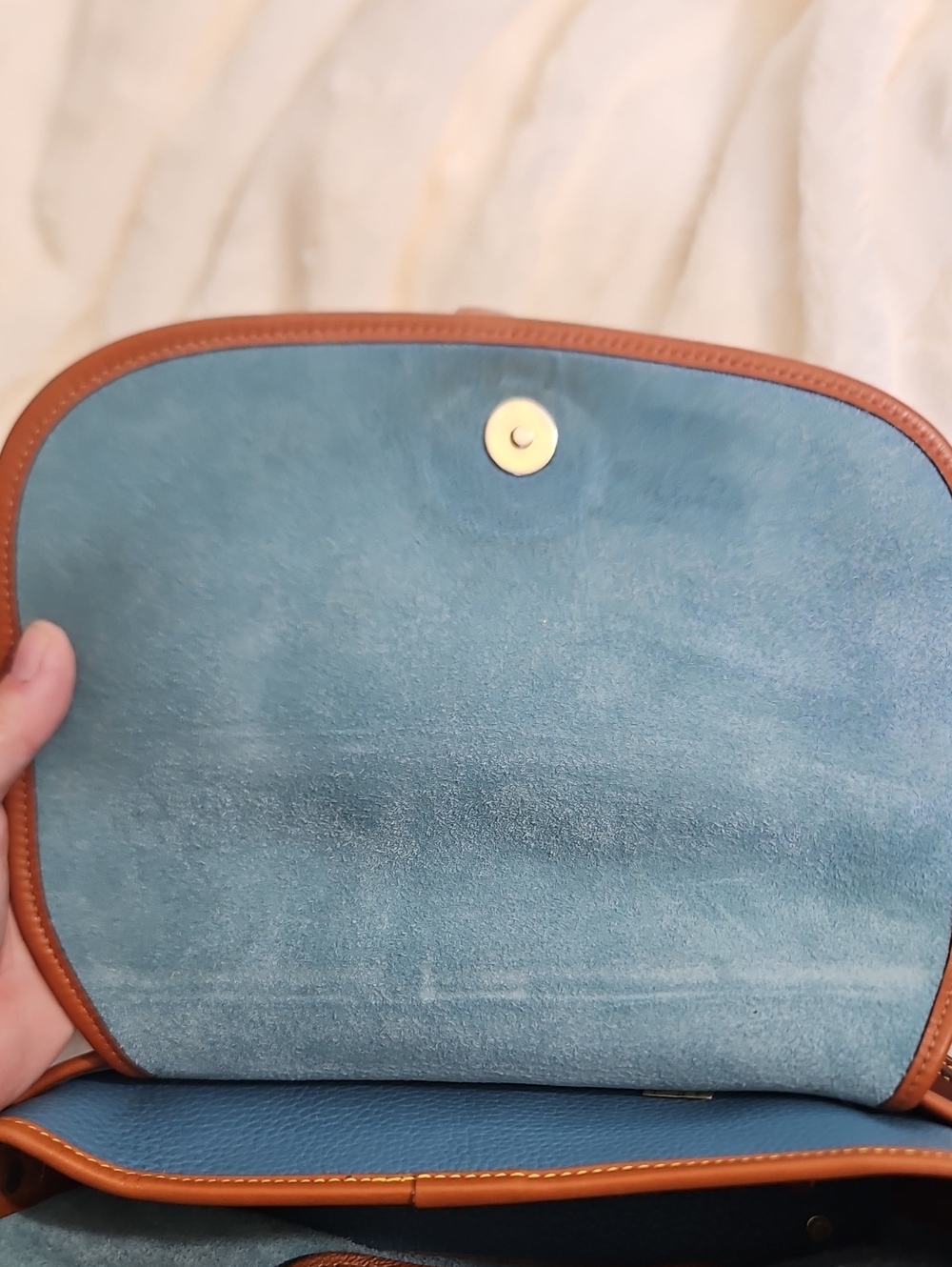 Vintage Dooney & Bourke East West Shoulder Bag Blue Pebbled Leather Tan Trim R17 - Picture 12 of 13
